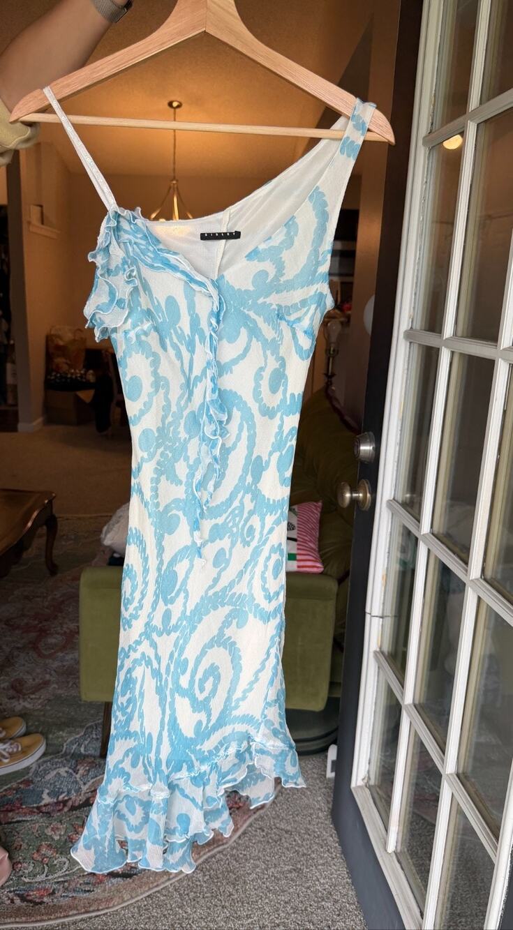 Sisley 100% Silk Slip Dress S Made in Italy Blue Damask Sequin Asymmetric